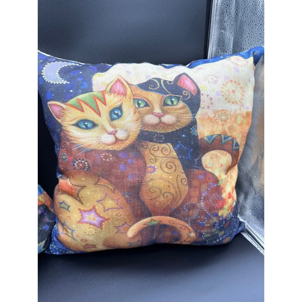 Set‎ of 2 Artistic Cat Throw Pillows Mosaic Celestial Moon Star Decorative 18x18